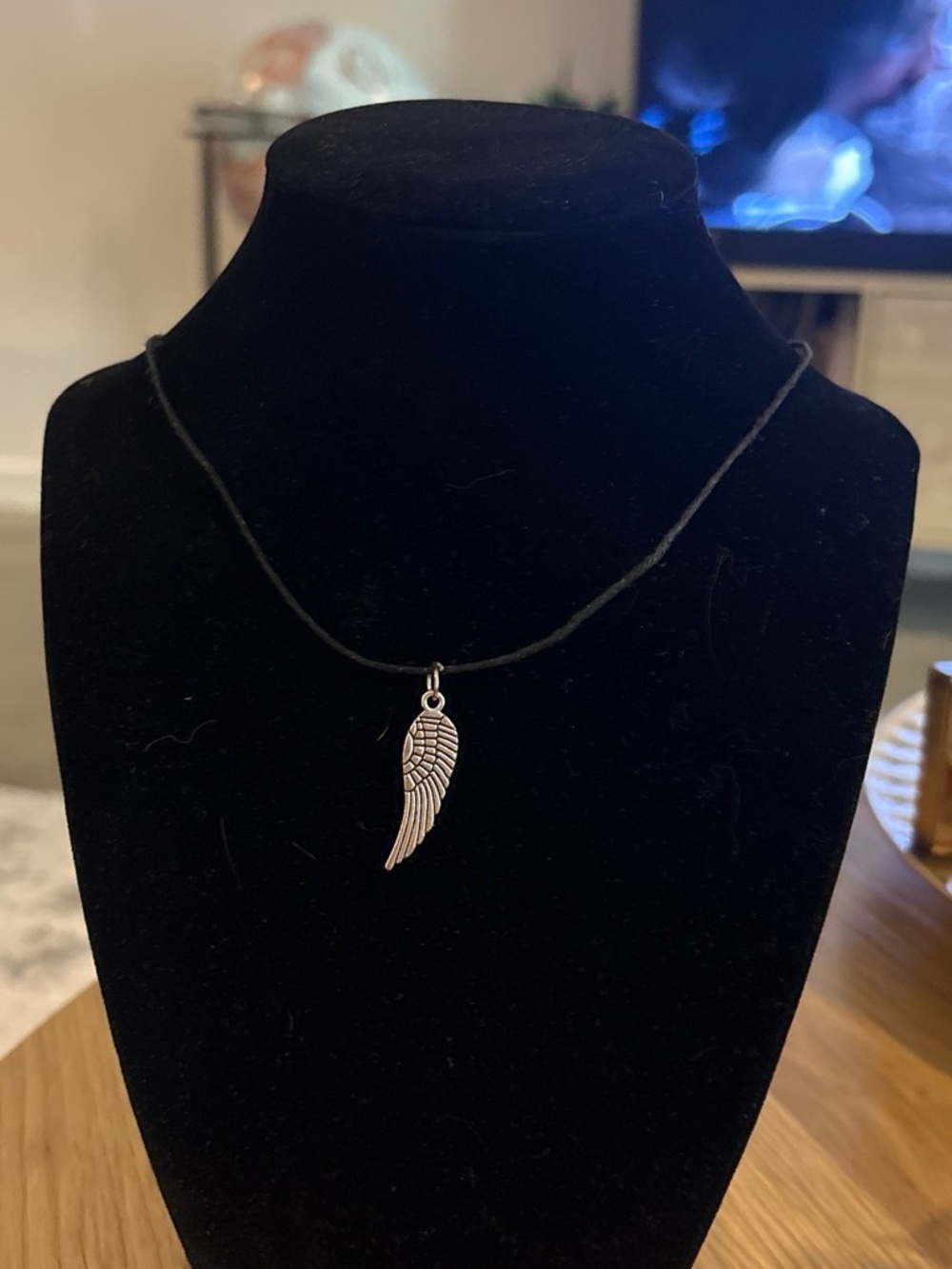 Silver Angel Wing Pendant Necklace on Black Cord
